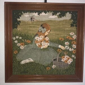 Vintage Linen Print Framed  Art with Girl and‎ Flowers by S. Jackson 15x15”
